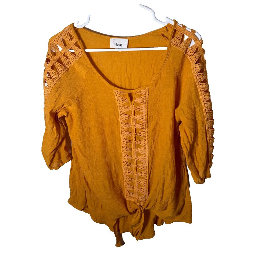Fyve Blouse Women's Small Mustard Keyhole Strappy Sleeve Tie Lace Boho Top